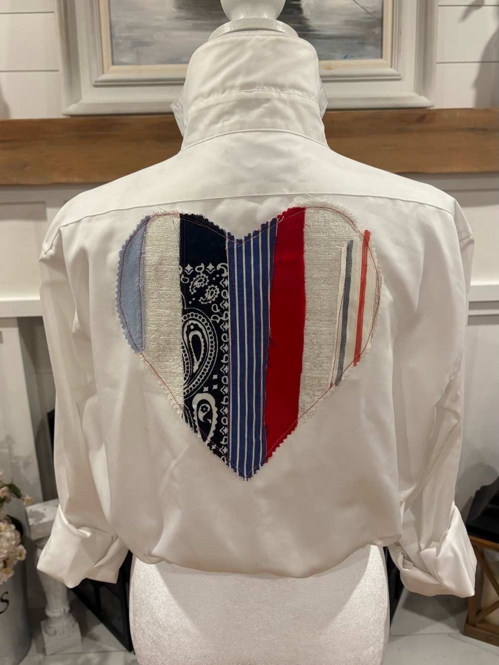 Calvin Klein cropped tie waist button down with custom heart patch on back Sz SM
